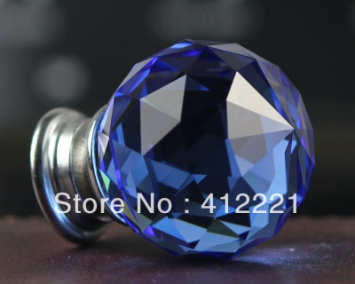 Free shipping 10 Pcs 40mm Crystal Glass transparent blue Cabinet Knob Zinc alloy in silver Factory directly sell