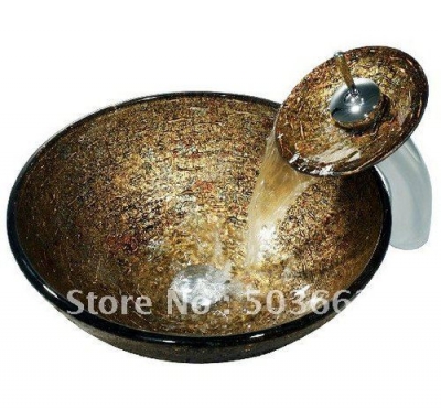 Shine Brown Victory Vessel Washbasin Tempered Glass Sink Brass Faucet set CM0083