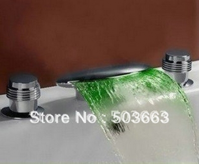 3 PCS LED 3 Colors Big Waterfall Faucet Chrome Water Powered Mixer Brass Bathtub Tap CM0866 [Bathroom Faucet-3 or 5 piece set]