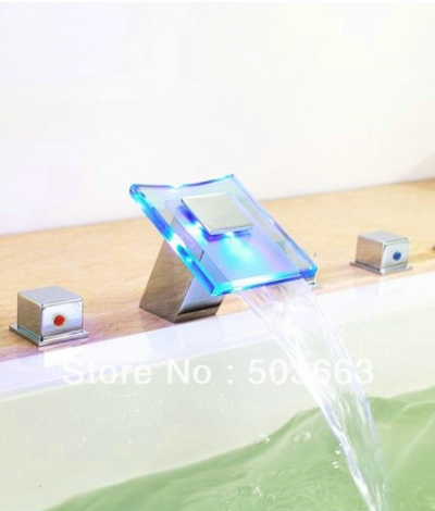 LED Two Handles Chrome Finish Hydroelectric Waterfall Sink Faucet Mixer Tap Vessel Faucet Led Vessel Sink Faucet L-0190