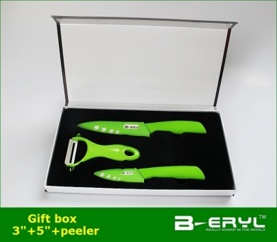 BERYL 4pcs gift set , 3"/5"+peeler+Gift box Ceramic Knife sets 3colors 2 types handle select,White blade, CE FDA certified