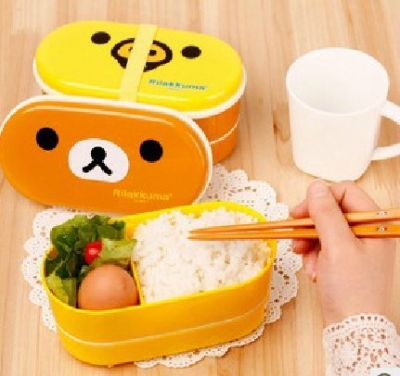 Cute Rilakkuma Bento Box Double Layer 16.5*8.5*8.5cm Plastic Lunch Box With Chopsticks Microwave Oven Available