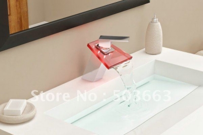 Newly LED 3 Colors Waterfall Faucet Chrome Mixer Brass Glass Deck Mounted Tap CM0850