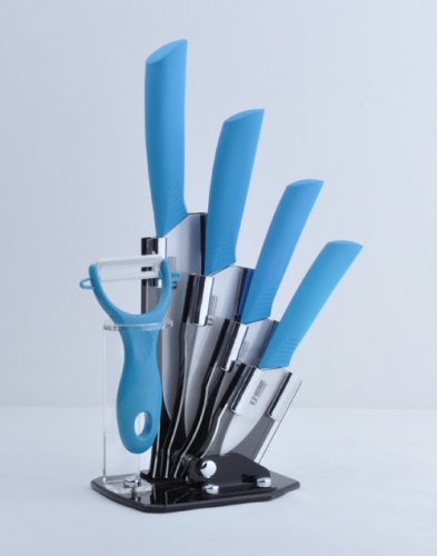 U TimHome Brand 3" 4" 5" 6" inch Blue Handle Paring Fruit Utility Kitchen ceramic Knife Set + Peeler + Holder Free Shipping