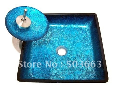 Victory Hand Paint BlueColor Tempered Glass Sink With Match Brass Faucet CM0079
