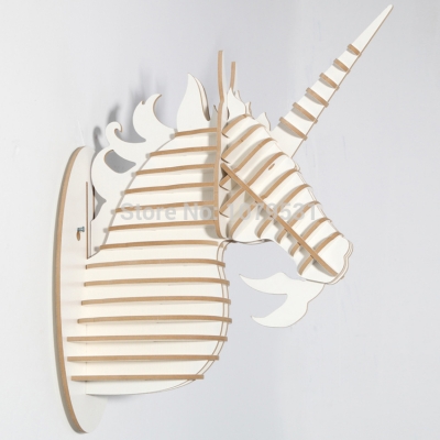 [white] europe style diy wooden unicorn head hanging wall decor,creative carved animal head ornament wood crafts home decor [wall-decoration-7655]