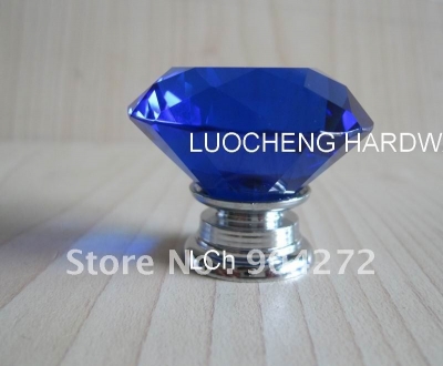 10PCS/LOT FREE SHIPPING 40MM BLUE CUT CRYSTAL KNOBS ON A CHROME ZINC BASE [Crystal Cabinet Knobs 156|]
