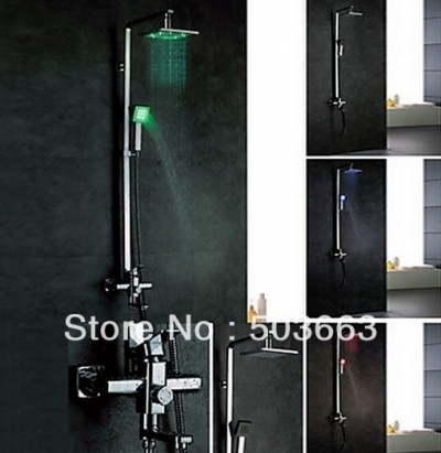8" LED Rainfall Shower Head+ Arm+Control Valve Hand Spray Shower Faucet Set S-571