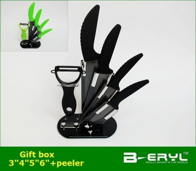 BERYL 6pcs gift set , 3"/4"/5"/6"+peeler+Knife holder Ceramic Knife sets 2 colors Curve handle,black blade, CE FDA certified [Knife set with stand 60|]