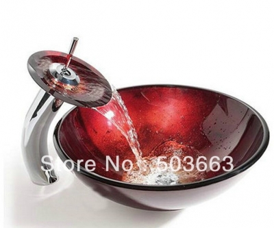 Beautiful RED GLASS SINK WITH BRASS FAUCET Lavatory Basin Set M5704