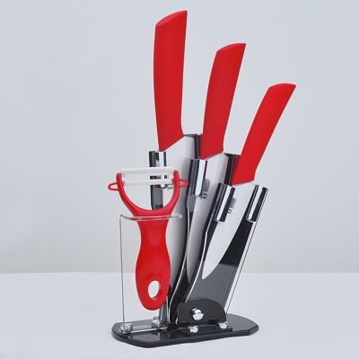 Kitchen 4" 5" 6" inch Red Handle Paring Fruit Utility Ceramic Knife Set + Peeler + Holder Free Shipping