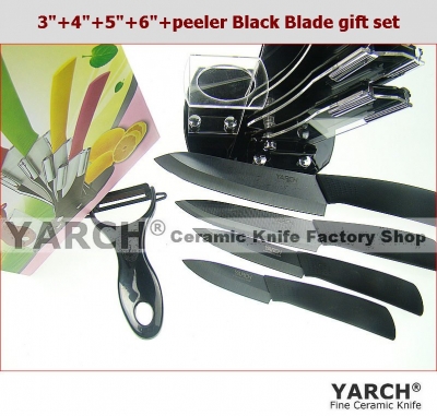 YARCHBlack Blade 6PCS/set , 3"/4"/5"/6"+peeler +Knife holder Mirro Ceramic Knife sets with color box, CE FDA certified