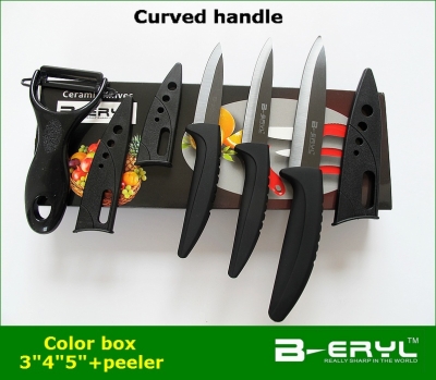 BERYL 4pcs set , 3"4"5" kitchen knives+peeler+color box,Ceramic Knife sets 2 colors curve handle,black blade