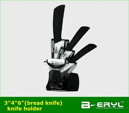 BERYL 6pcs set , 3"+4"+6" bread knife+peeler+Knife holder Ceramic Knife sets with color box, straight handle,White blade
