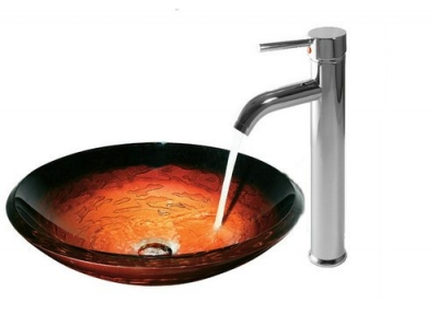 Fire Rock Pattern Vessel Washbasin Tempered Glass Sink With Brass Faucet CM0080 [Glass Lavatory Basin Set 1308|]