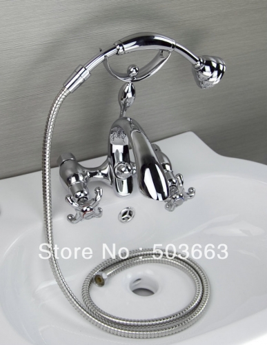 2013 Style 2 Handle Chrome Wall Mounted Bathroom Bath Shower Faucet Basin Faucet Set Mixer Tap H-011