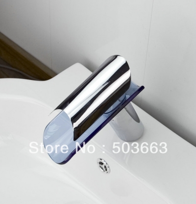 Chrome Finish Single Handle Waterfall Blue Glass Spout Bathroom Basin Brass Mixer Tap Vanity Faucet L-6043