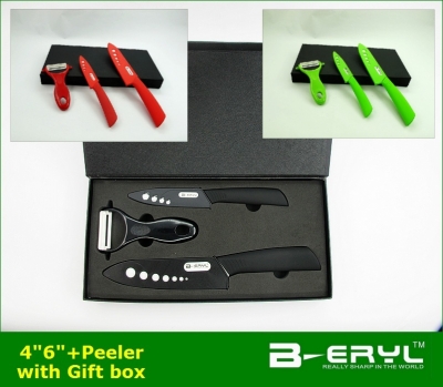 BERYL 4pcs gift set , 4"/6"+peeler+Gift box Ceramic Knife sets 3 colors straight handle,White blade, CE FDA certified