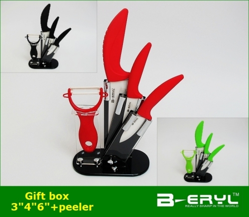 BERYL 5pcs set , 3"+4"+6"+peeler+Knife holder Ceramic Knife sets with color box, 3 colors, Curve handle,White blade