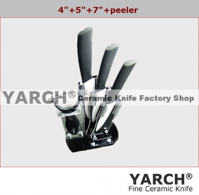 YARCH 5pcs gift set , 4 inch+5 inch+7 inch+peeler + holder Ceramic Knife sets ,black ABS handle white blade, CE FDA certified