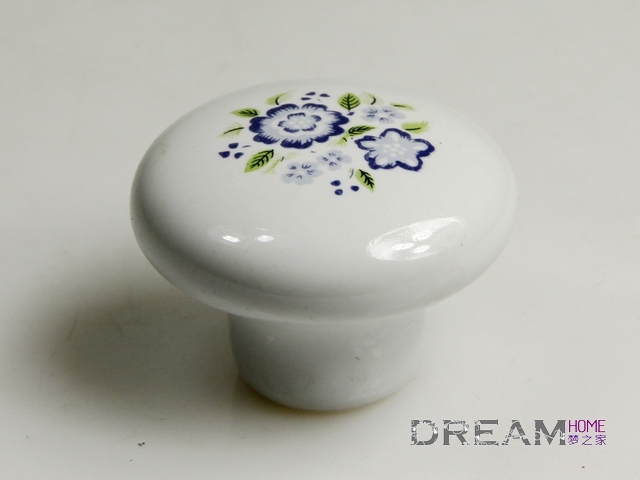 33mm diameter large round and fat ceramic knob with small blue flowers for cabinet