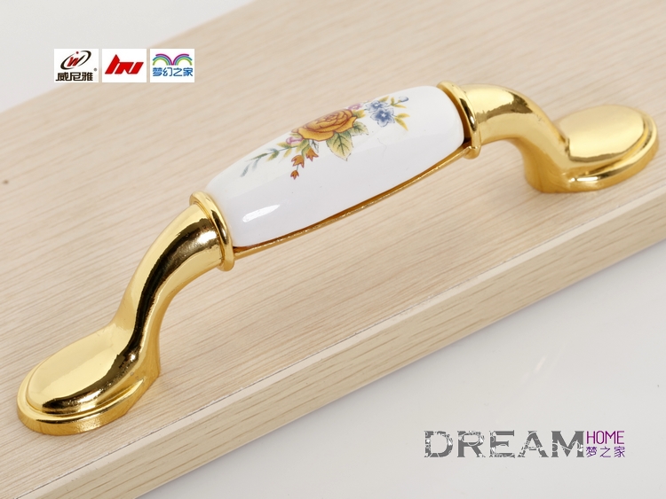 A42BGP 96mm long and flat bright golden yellow rose antiqued ceramic handle for drawer/wardrobe