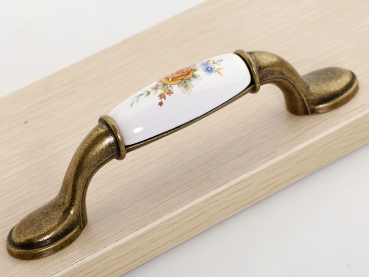 AA42AB 96mm large long and flat bronze antiqued ceramic handle with yellow rose for drawer/wardrobe