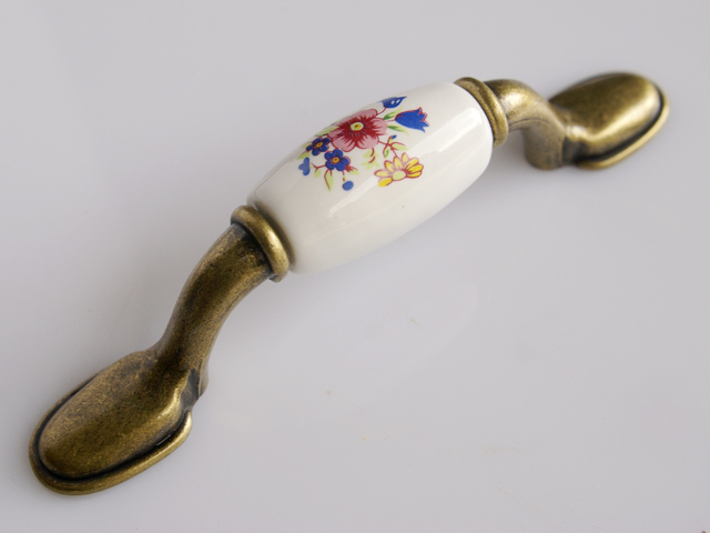 AB01AB 76mm hole distance long and flat red and blue flower bronze ceramic handle for drawer/wardrobe/cupboard/cabinet