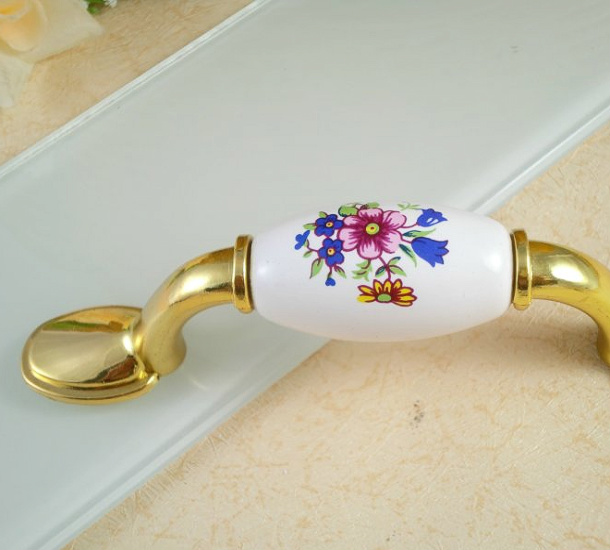 AB01BGP 76mm hole distance long and flat brilliant golden ceramic handle with red flower and blue flower for drawer/wardrobe/cupboard/cabinet