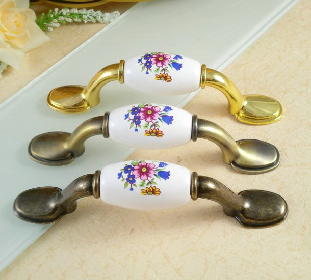 AB01BGP 76mm hole distance long and flat brilliant golden ceramic handle with red flower and blue flower for drawer/wardrobe/cupboard/cabinet
