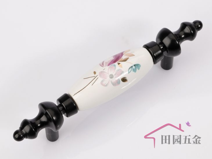 AK09BK 76mm hole distance long and fat black ceramic handle with tulip pattern for wardrobe/cupboard/cabinet