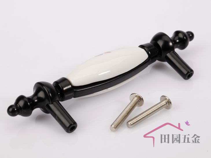 AK09BK 76mm hole distance long and fat black ceramic handle with tulip pattern for wardrobe/cupboard/cabinet