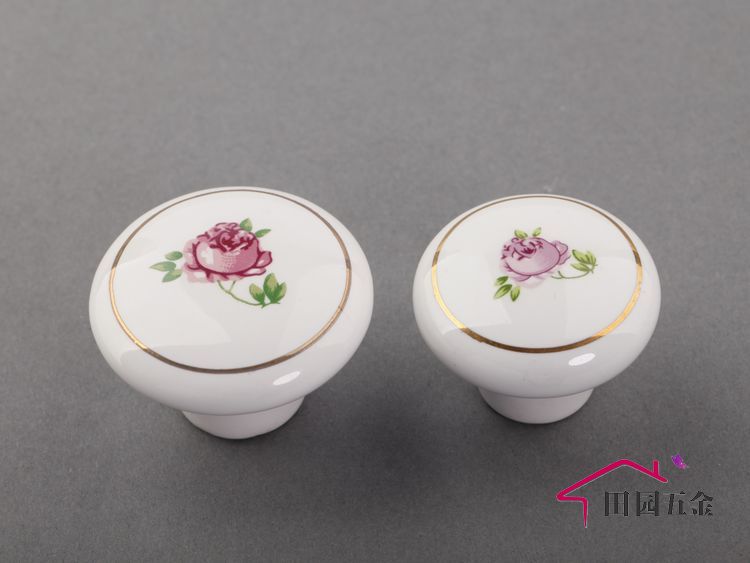 AP-01 large round with pink rose and golden circle ceramic knob for drawer/cupboard/cabinet