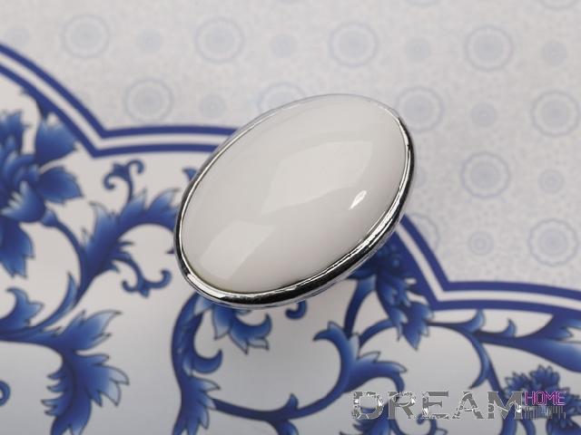 AT00 single hole small pure white oval ceramic knobs with silvery edge for drawer/wardrobe/cupboard/cabinet