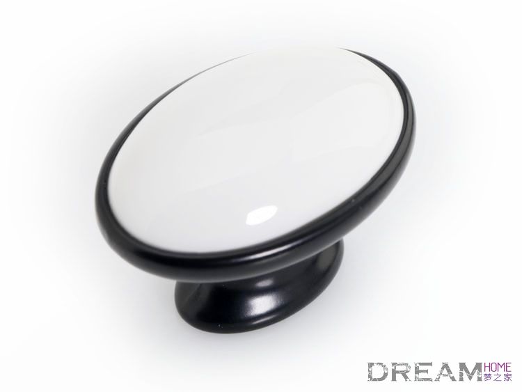 AT00B 40mm diameter small oval pure white with black circle ceramic knob for drawer/wardrobe/cupboard/cabinet
