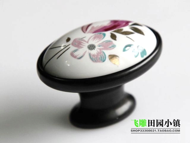 AT09BK small oval ceramic knobs with black edge and tulip pattern for wardrobe/cupboard/drawer