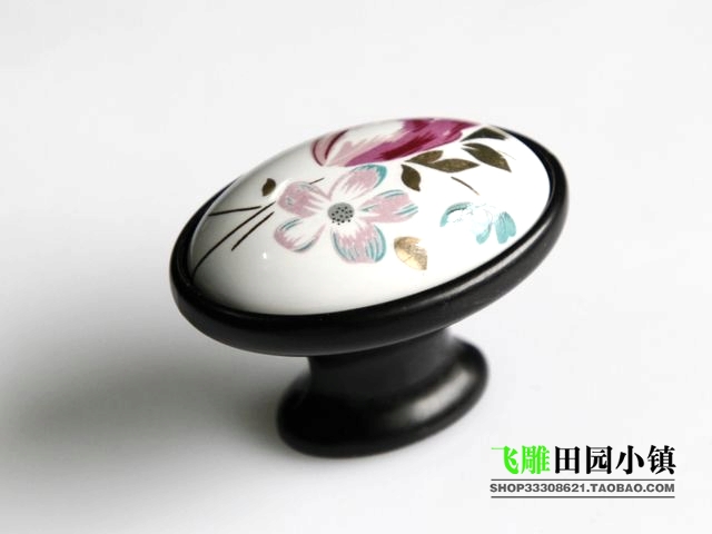 AT09BK small oval ceramic knobs with black edge and tulip pattern for wardrobe/cupboard/drawer