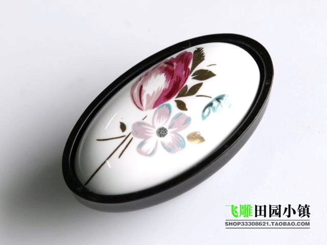 AU09BK large oval ceramic knobs with black edge and tulip pattern for wardrobe/cupboard/drawer