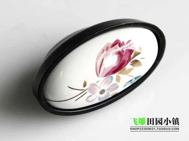 AU09BK large oval ceramic knobs with black edge and tulip pattern for wardrobe/cupboard/drawer
