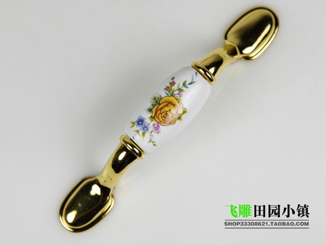 B42BGP 76mm hole distance long and flat brilliant golden antiqued ceramic handle with yellow rose pattern for drawer/wardrobe
