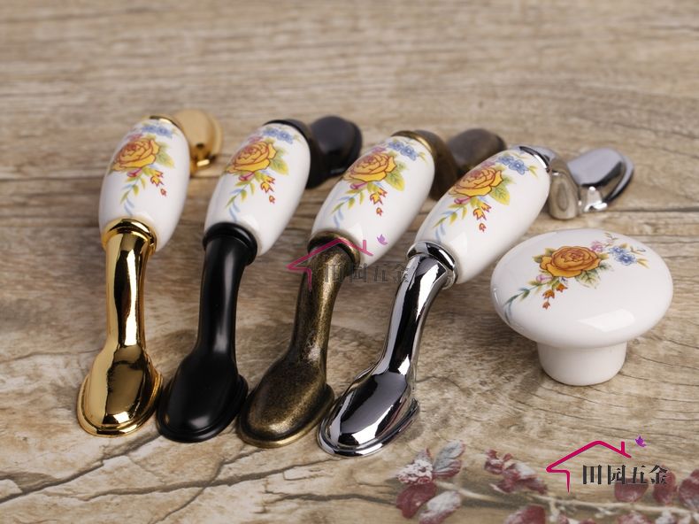 B42BK 76mm hole distance long and flat black antiqued ceramic handle with yellow rose pattern for drawer/wardrobe