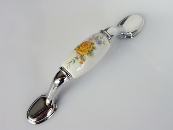 B42PC 76mm hole distance long and flat bright silvery antiqued ceramic handle with yellow rose for drawer/wardrobe/cabinet