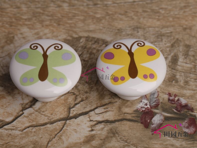 C051W102 single hole large round white cartoon ceramic knob with green butterfly pattern for drawer/wardrobe