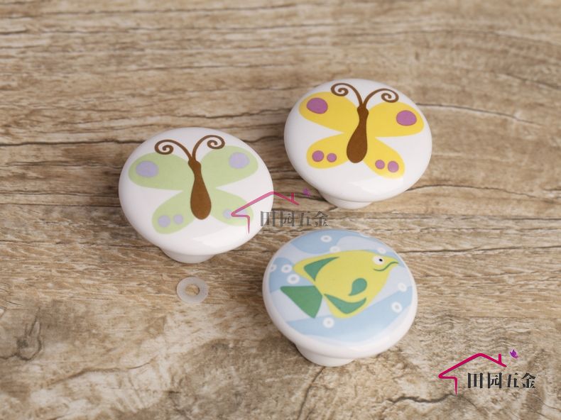 C051W102 single hole large round white cartoon ceramic knob with green butterfly pattern for drawer/wardrobe