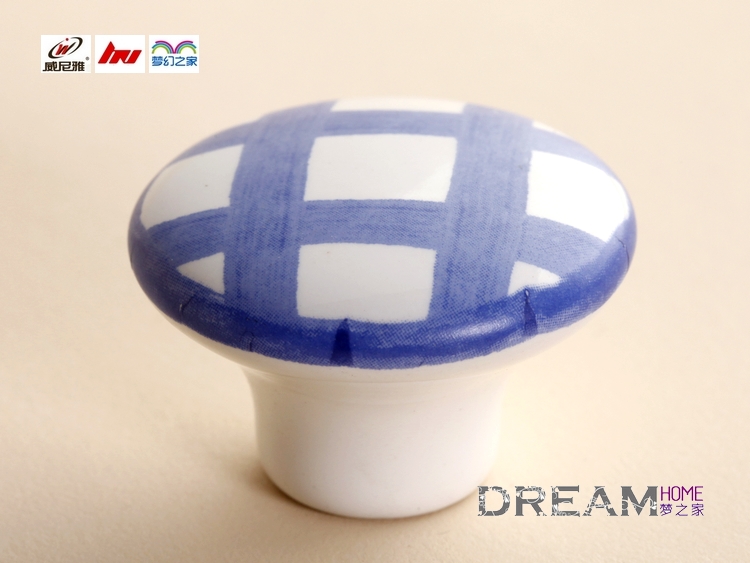 C51W58 38mm diameter large colorful round ceramic knob with blue lattice for drawer/wardrobe/cupboard/shoe cabinet