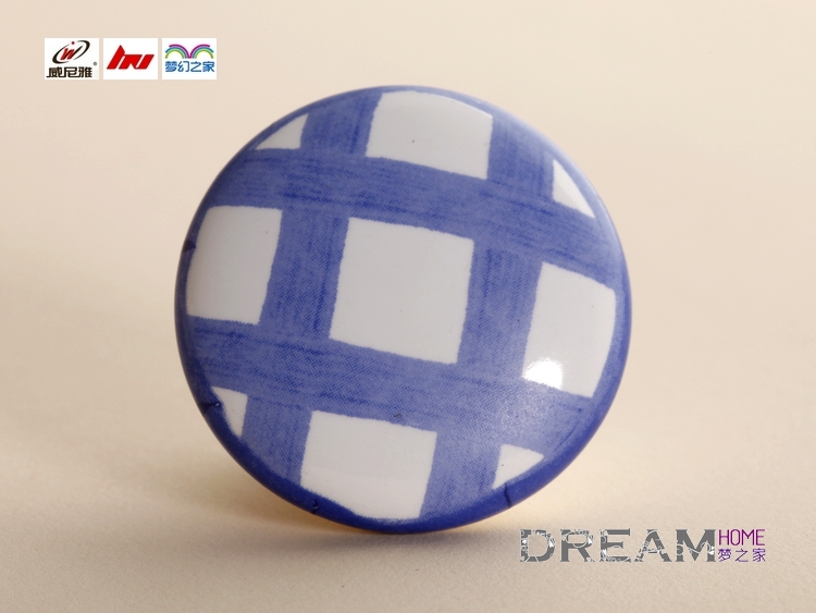C51W58 38mm diameter large colorful round ceramic knob with blue lattice for drawer/wardrobe/cupboard/shoe cabinet