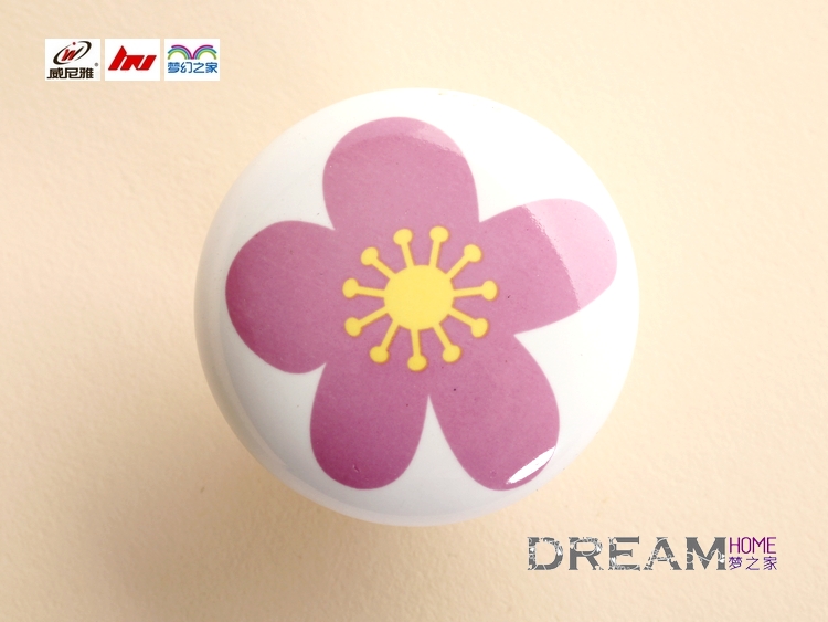 C51W68 single hole large round ceramic knob with pink five-petaled flower for wardrobe/cupboard/shoe cabinet/drawer