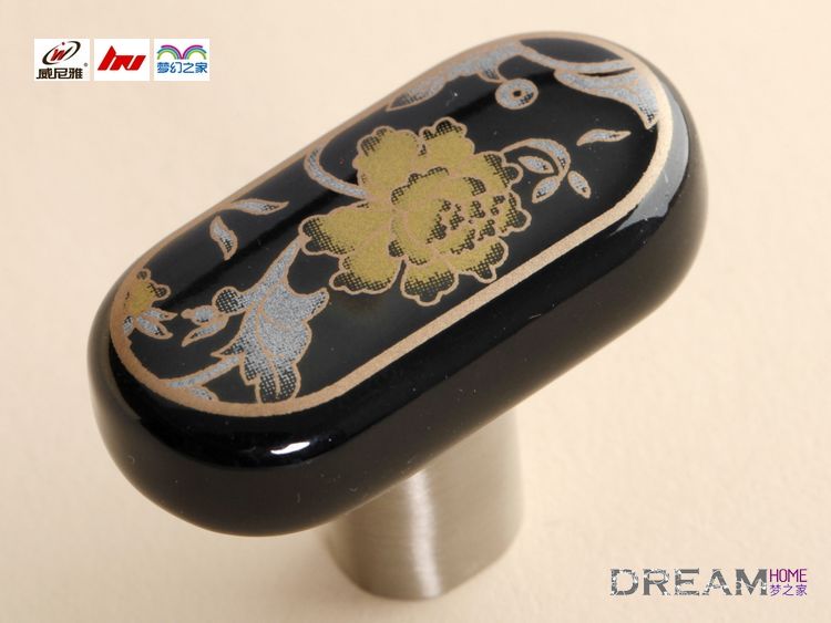 C530BSNB134 single hole black ceramic knobs with hand-painted hibiscus flower for drawer/wardrobe/cupboard/shoe cabinet/television cabinet