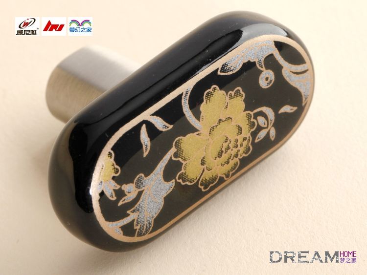 C530BSNB134 single hole black ceramic knobs with hand-painted hibiscus flower for drawer/wardrobe/cupboard/shoe cabinet/television cabinet