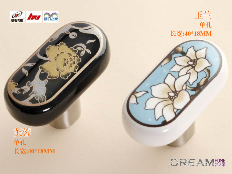 C530BSNW140 single hole blue ceramic knobs with hand-painted white magnolia flowers for drawer/wardrobe/shoe 